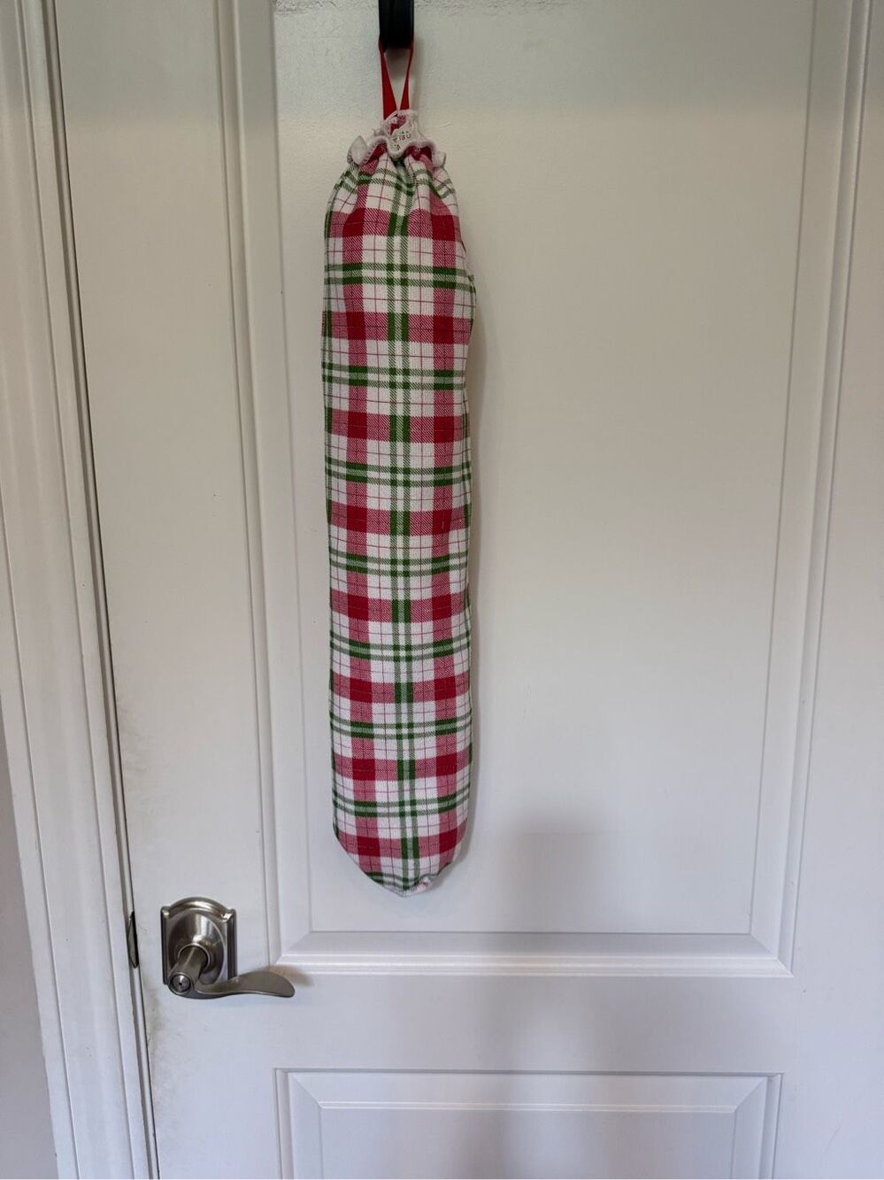 Handmade Plastic Bag Holder-Red green white plaid